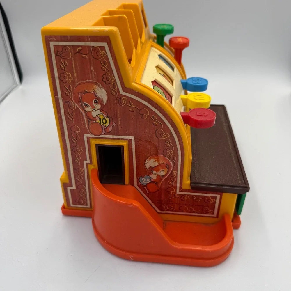 Vintage 1974 Fisher-Price Cash Register 926 Toy Yellow Orange Working Drawer